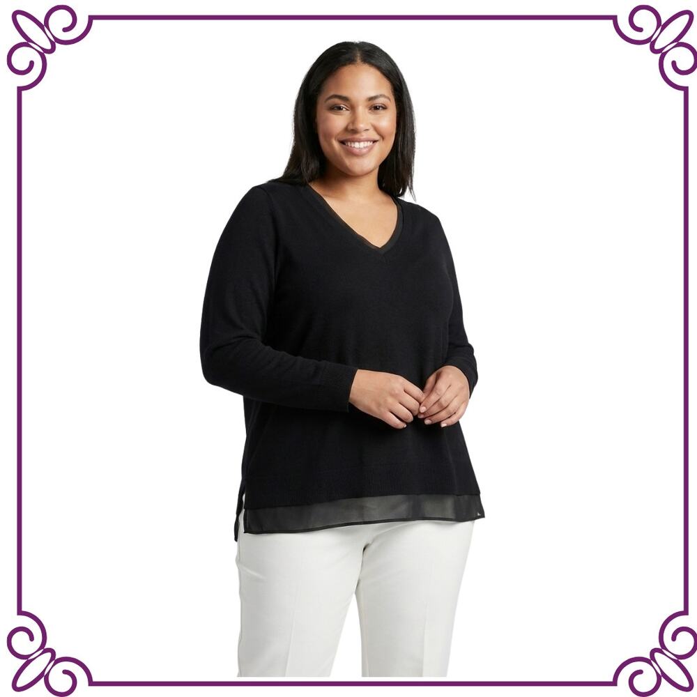 Lane Bryant Black V Neck Tunic Long Sleeve Chiffon Trim Sweater Size 18/20